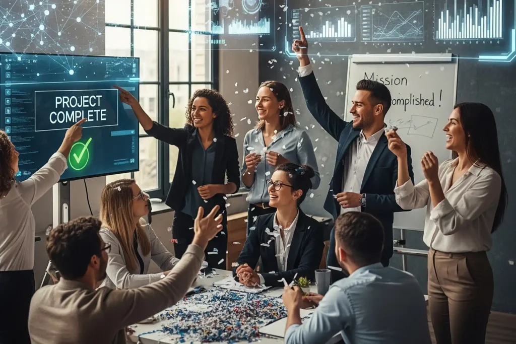 Team feiert nach erfolgreichen Projektabschluss durch die Hilfe von KI im Arbeitsalltag nach einem gemba.austria Training.