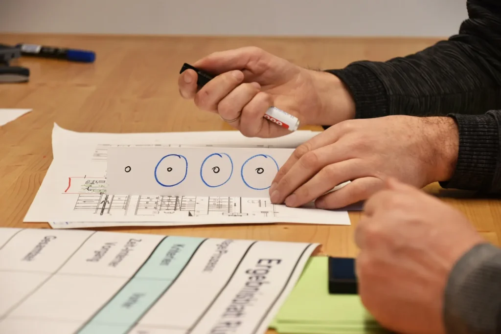 5S Methode in der Produktion: Team entwickelt gemeinsam Standards für Arbeitsplatzorganisation, Eigenverantwortung und nachhaltige Verbesserung.