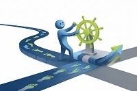 Illustration einer Person am Steuerrad auf einem Weg als Symbol für Veränderung umsetzen und Change Management.
