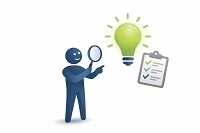Person prüft eine Idee mit Lupe und Checkliste für den Praxistest.
